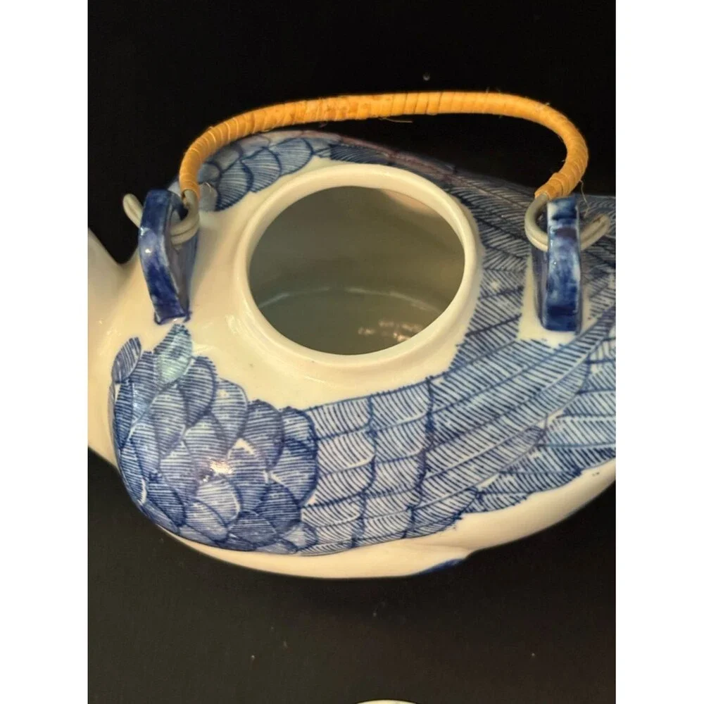 Vintage Blue & White Hand Painted Duck Teapot Floral Accents Made In China